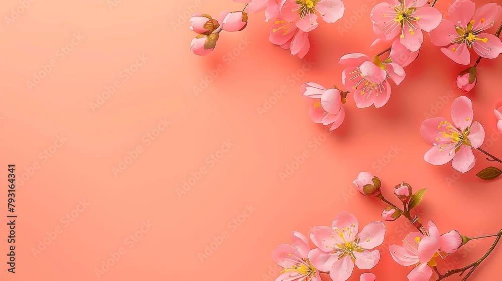   Pink flowers bloom against a pink backdrop Text space below image