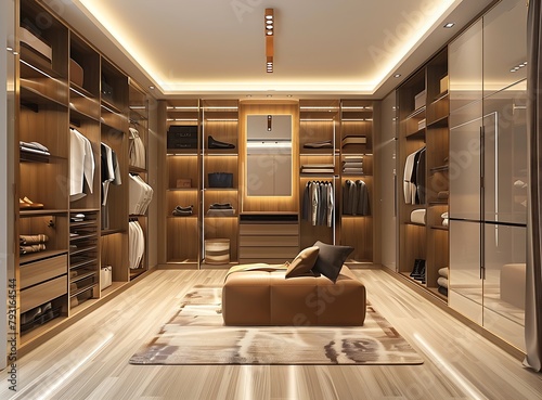 Modern large walkin closet with and accessories inside, home interior design of modern bedroom photo