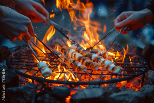 People grill marshmallows while relaxing in the forest.