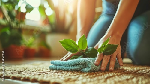   A woman cleans a rug with a blue rag, a green plant situated in its center on the floor photo