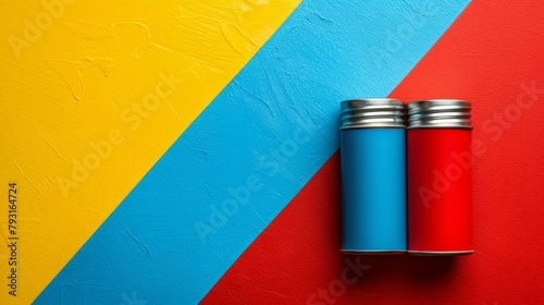  A few red and blue lighters atop a multi-colored wall, striped with red, yellow, and blue