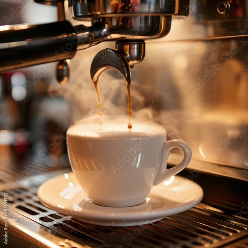  A cup being filled with coffee in an espresso machine, emitting steam from its upper opening