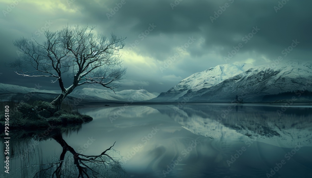 A solitary tree submerged in a body of water, backdropped by a distant mountain range, and encircled by billowing clouds A solitary tree submerged in a body of water, backdropped by a distant mountain range, and encircled by billowing clouds