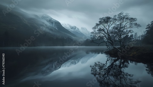  A tranquil scene featuring a tree submerged in a body of water, surrounded by a majestic mountain range with clouds drifting across the sky