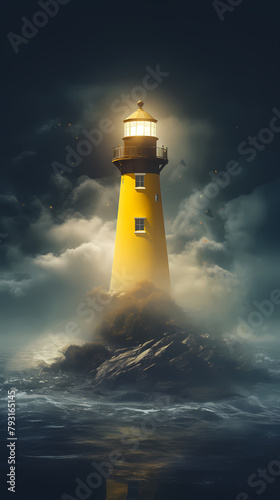 Lighthouse gleaming in the dark, foggy sea