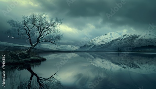  A solitary tree submerged in a body of water, backdropped by a distant mountain range, and encircled by billowing clouds