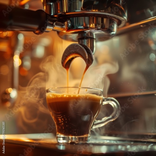  An espresso is poured into a waiting coffee cup, accompanied by steam emerging from the espresso machine