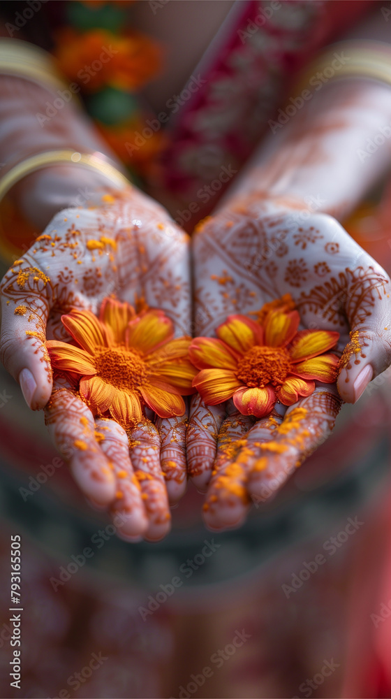 Close Up of Persons Hands Painted With Henna