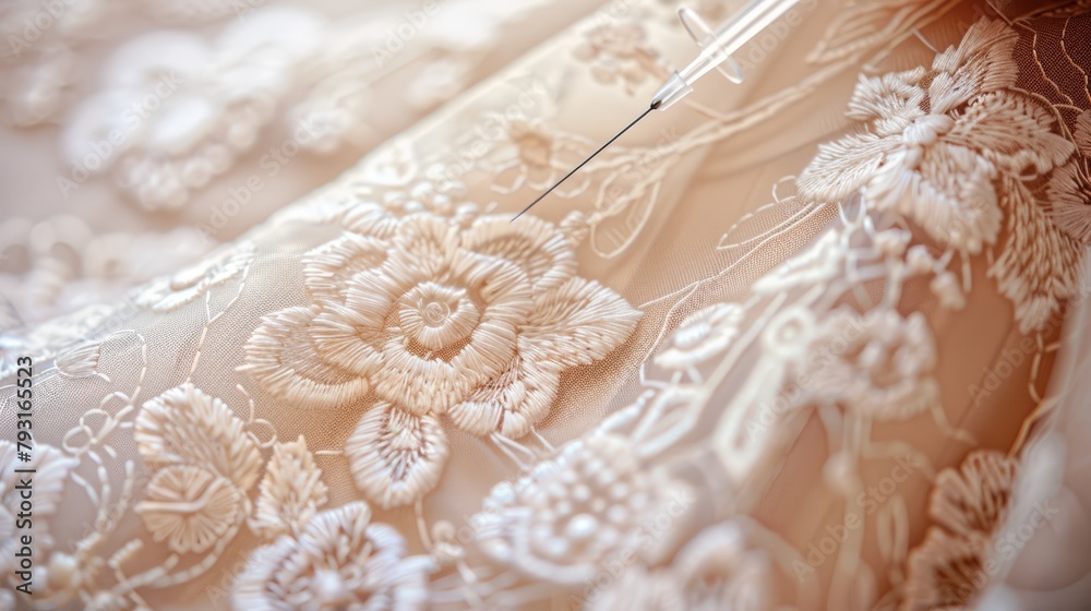 A tight shot of a lace fragment with a sewing needle inserted at its heart, and a blossom adorning its edge A tight shot of a lace fragment with a sewing needle inserted at its heart, and a blossom adorning its edge