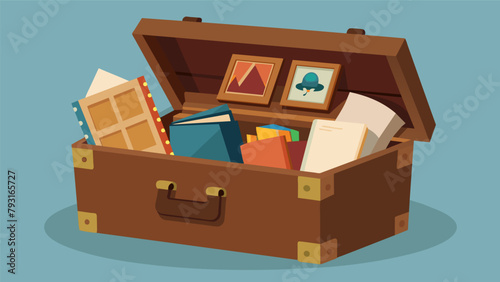An oldfashioned wooden chest filled with neatly labeled photo albums home videos and handwritten journals serving as a tangible personal archive..