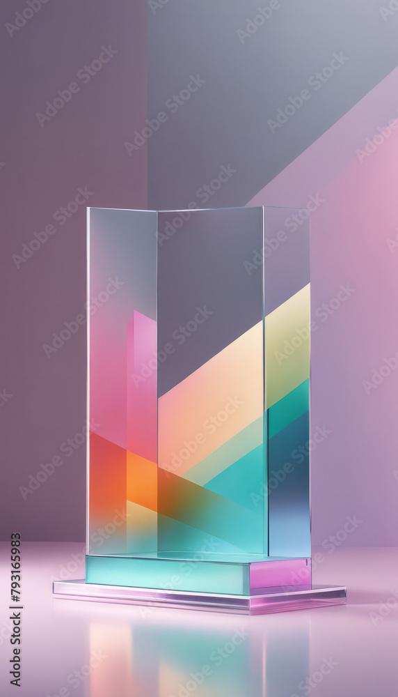 Glass perfume bottle on abstract background with reflections.