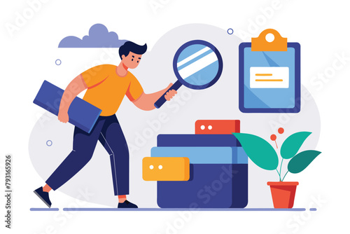A man closely inspects an object through a magnifying glass, focusing intently on the details, File searching on storage, Simple and minimalist flat Vector Illustration