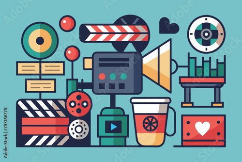 Collection of diverse objects scattered on a vibrant blue background, Film making icon set, Simple and minimalist flat Vector Illustration
