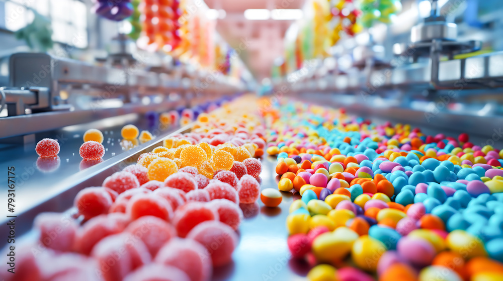Obraz premium Industry factory manufacture candy confectionery production, sweet, delicious. Automatic candy plant factory 