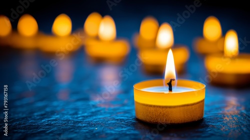  A tight shot of a solitary candle glowing on a table, surrounded by a line of other lit candles in the backdrop