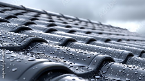   A metal roofline dotted with raindrops at its crest and base; cloud-filled backdrop photo