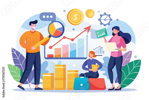 Group of people analyzing a large pile of money in a finance growth illustration, Analyzing growth charts, Simple and minimalist flat Vector Illustration