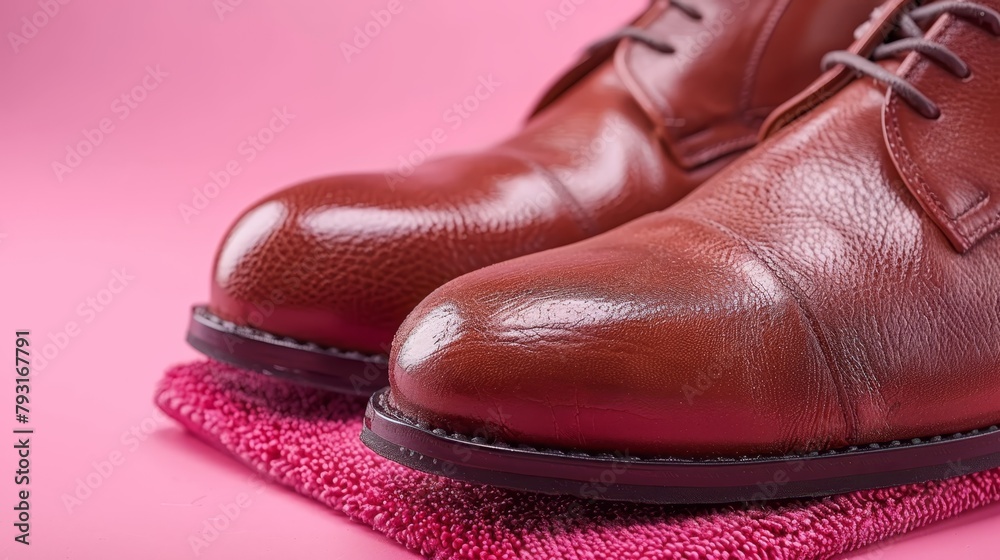 A tight shot of brown footwear against pink fabric, atop a pink backdrop A tight shot of brown footwear against pink fabric, atop a pink backdrop