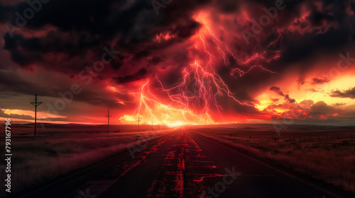 A blazing sunset illuminates the highway as clouds catch fire in the evening sky, creating a stunning rural landscape. Terrifying lightning in the night sky. Lightning in the crimson sky 