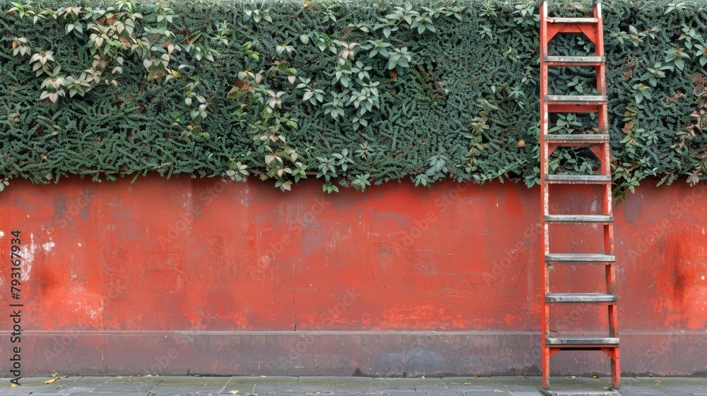   A red ladder leans against a red wall A green plant grows beside it, nestled in the wall's recesses