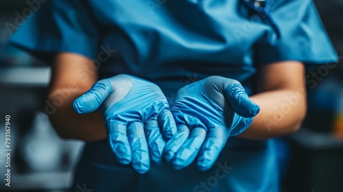  One person wearing blue gloves puts hands into other person's palms