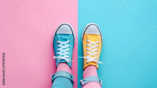  Person in blue-yellow sneakers against pink-blue background and wall