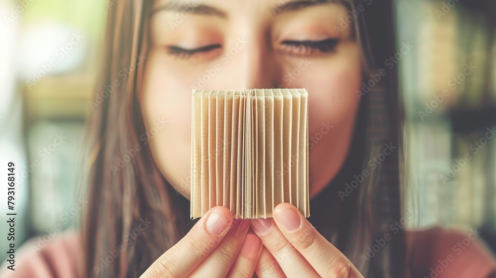   A tight shot of a person carefully examining a comb in front of her face - obrazy, fototapety, plakaty 