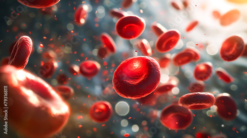 Red blood cells flowing in a vessel, 3D illustration, Red blood cells or corpuscle flowing in a blood vessel. Medical or biology concept photo