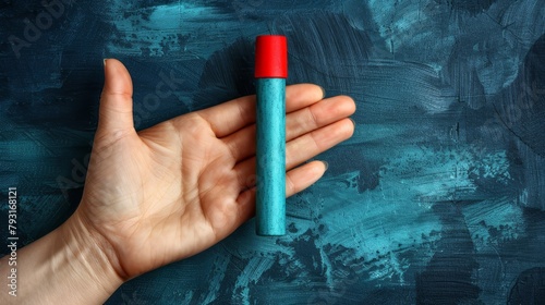   A hand holds a blue pencil with a red eraser, the eraser's tip exposed photo