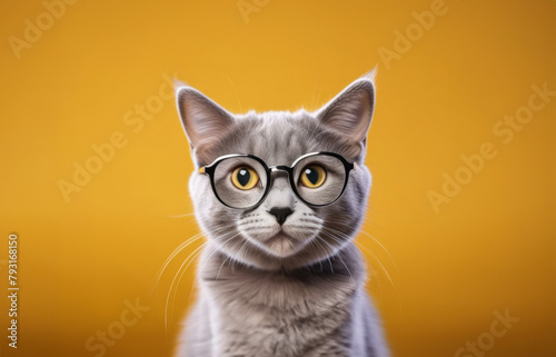 Portrait of a cat with glasses at orange background, education concept.
