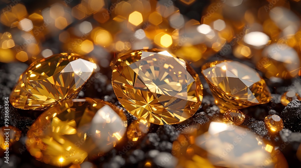 A collection of yellow diamonds atop a mound of black and white stones on a table A collection of yellow diamonds atop a mound of black and white stones on a table