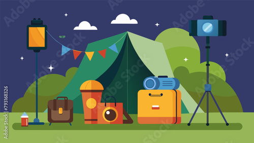 Creating a photo booth with camping props like sleeping bags flashlights and binoculars to capture the fun memories made during the first