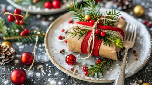  A Christmas present, wrapped in brown paper, sits atop a plate A fork is positioned beside it A Christmas tree decoration adorns the scene