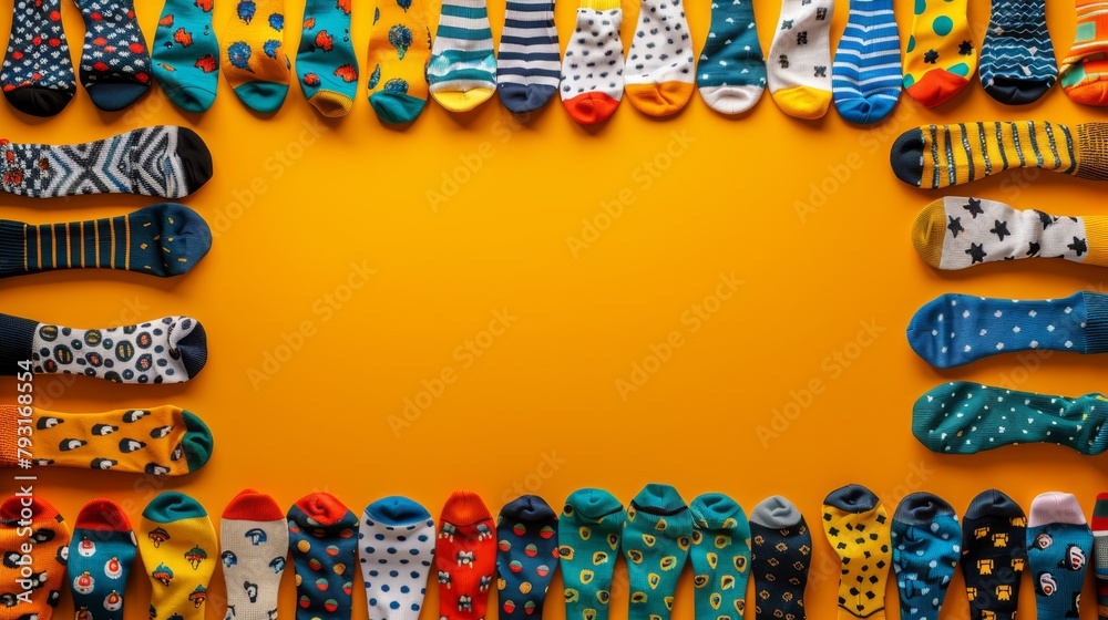 A row of paired socks on a yellow background -- Insert text here A row of paired socks on a yellow background -- Insert text here
