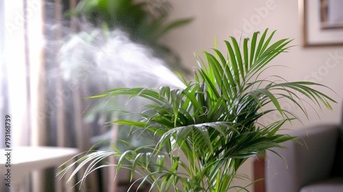  A potted plant with a water spout emerging from its peak, behind which lies a couch