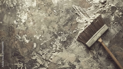   A brush rests atop a grubby floor, near a wall with chipping and peeling paint photo