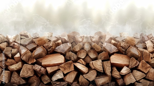   A choppable wood stack atop a seasoned firewood pile, emitting rising smoke #793168974