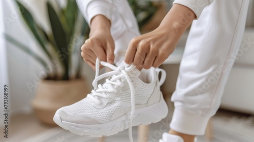  A tight shot of someone securing white laces onto the white sneakers' base