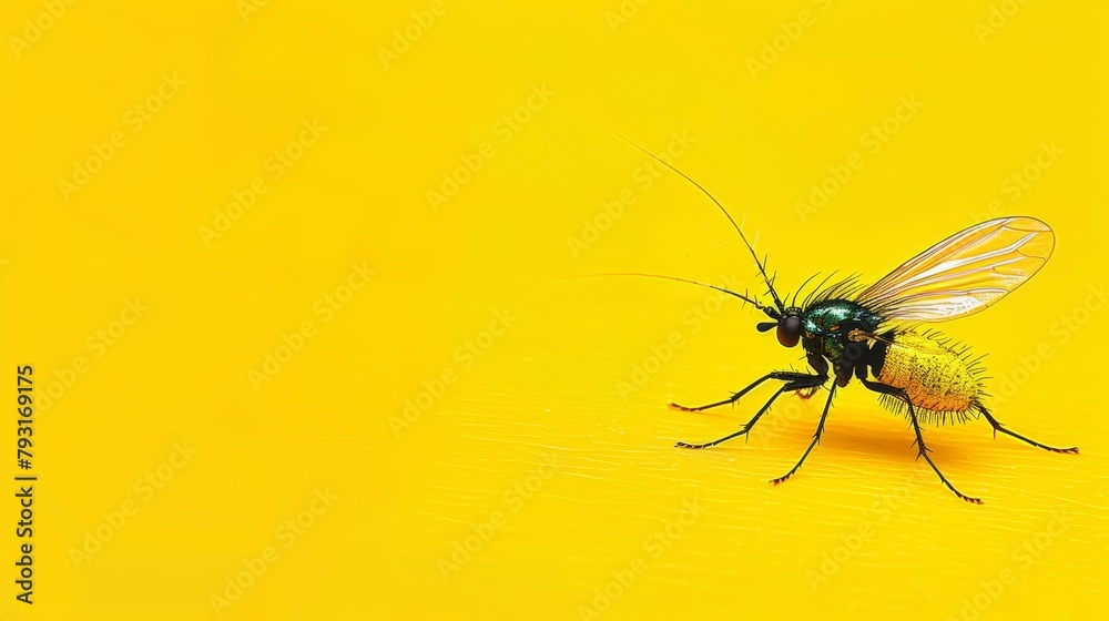 A black-and-yellow fly rests atop a yellow surface, its legs splayed wide, eyes shut A black-and-yellow fly rests atop a yellow surface, its legs splayed wide, eyes shut