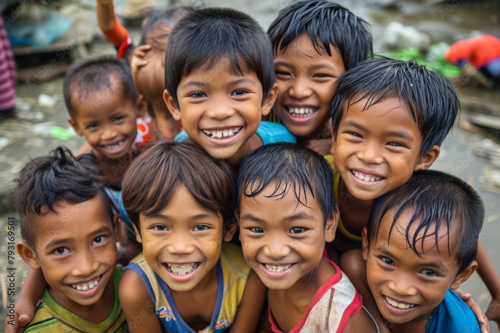Group of happy children smiling in the river. Children in the river. Group of happy children smiling in the river. Children in the river.
