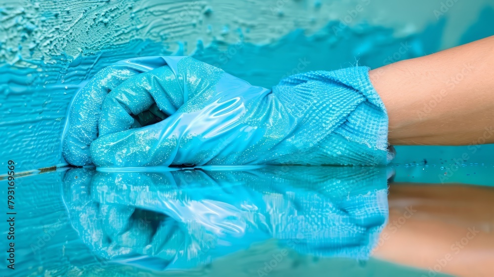  A hand in a blue glove wipes a blue wall with a blue cloth