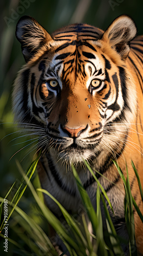 A majestic tiger prowls in the grass