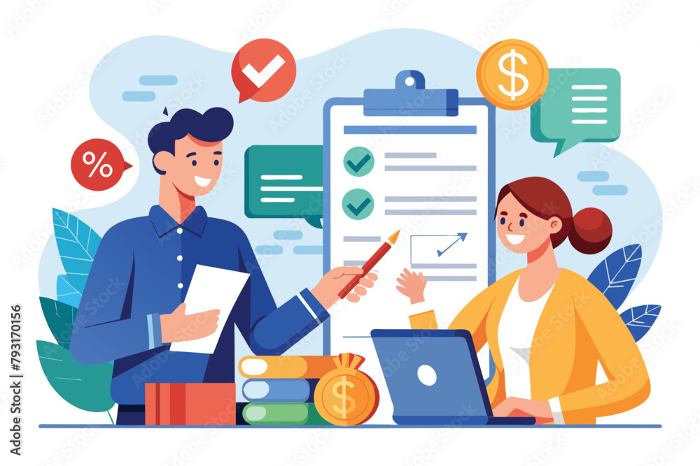 A man and woman carefully examine a clipboard with a loan agreement document on a table, financial management, signing the loan agreement, money credit, Simple and minimalist flat Vector Illustration