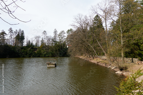 Pruhonice, Czech Republic - March 29, 2024 - the Borin Pond in the Pruhonice Park near Prague at the beginning of spring  