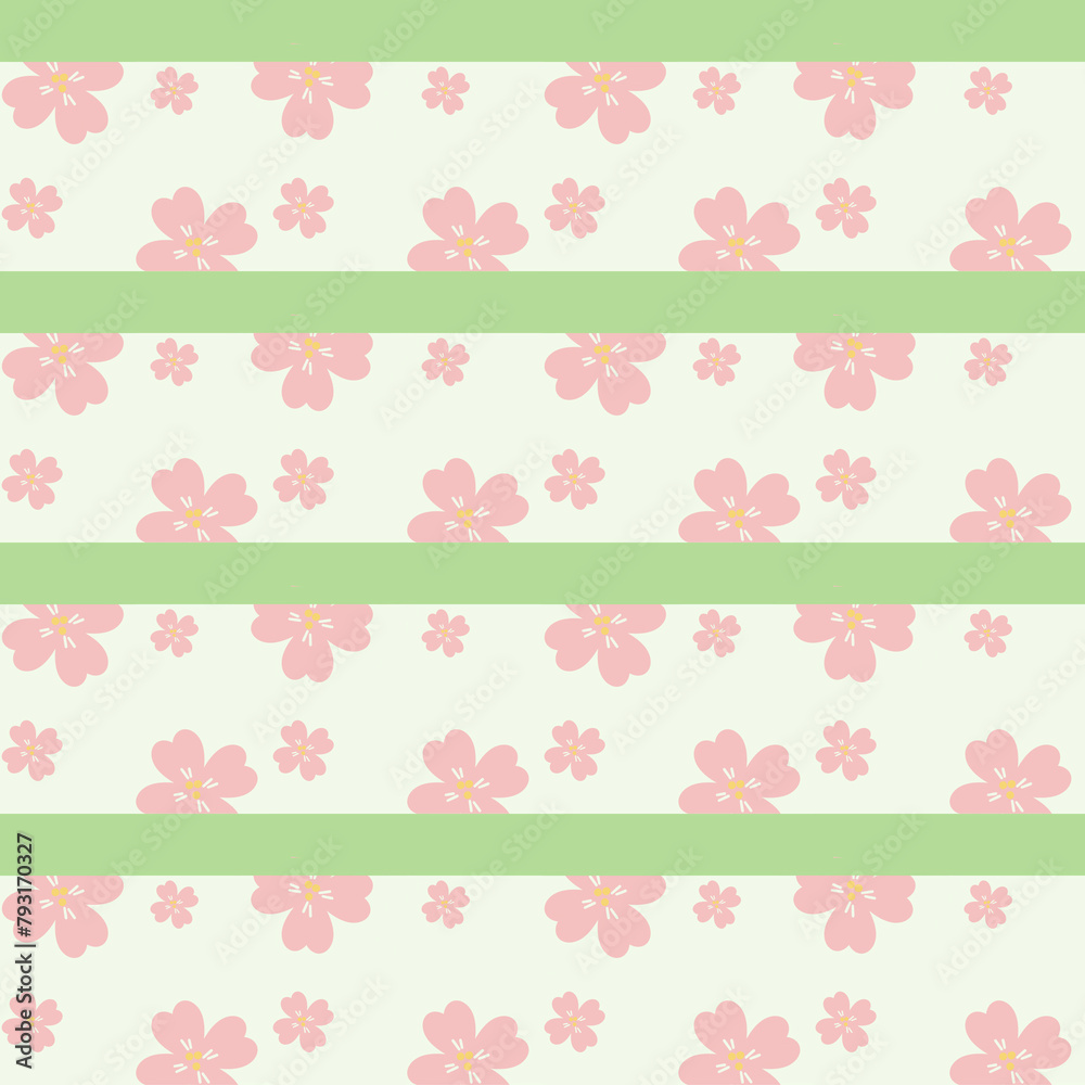 seamless pattern with pink sakura on straight lines on green background 