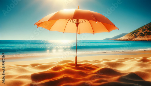 Peach Fuzz umbrella. A peach-colored umbrella on a sandy beach on a sunny day with the ocean and beautiful clouds in the background. Tourism concept.