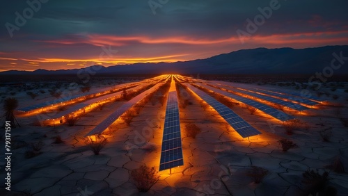 Transforming a barren desert with solar-powered lights: illuminating the landscape and bringing it to life. Concept Solar Power, Desert Landscape, Illumination, Outdoor Lighting