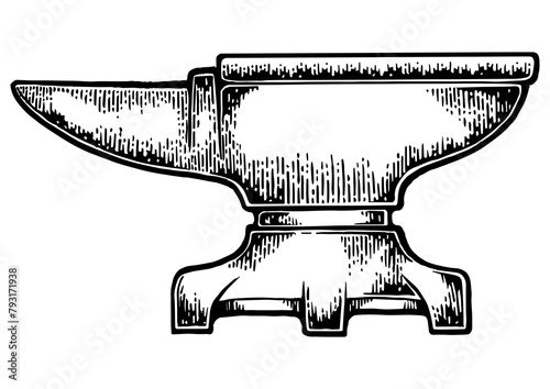 Blacksmith anvil sketch engraving PNG illustration. Scratch board style imitation. Black and white hand drawn image.