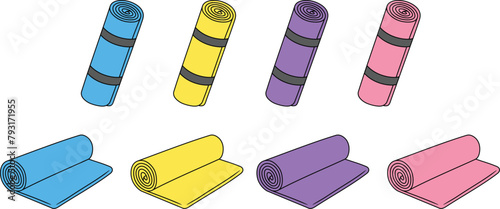Rolled Yoga Exercise Mat Clipart with Pink, Yellow, Blue and Purple Colors