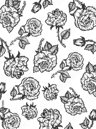 Rain of beauty rose flower sketch engraving PNG illustration. Background pattern. Scratch board style imitation. Hand drawn image.